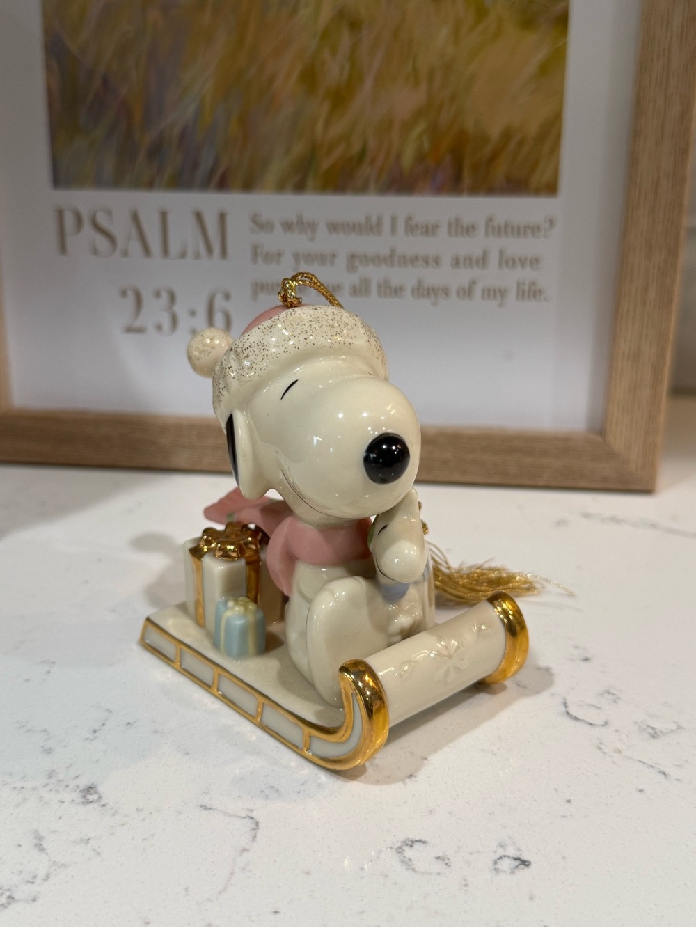 Vintage Lenox 2002 Cream and Pink Snoopy on Gold-Trimmed Sled Ornament